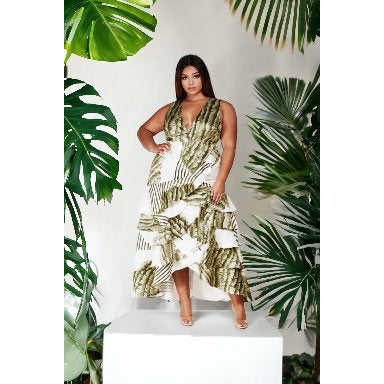 Tiara Leaf Print Tiered Maxi Dress.
